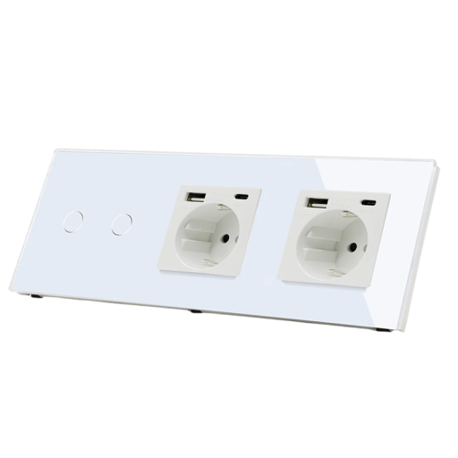 Priză dublă albă tip F cu porturi USB și USB-C, comutator tactil cu 2 prize și cadru de montare, panou de prize modern pentru perete