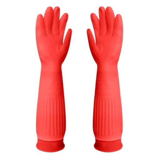 Prodloužené silikonové rukavice na mytí nádobí 1 pár délka cca 45 cm velikost M silikonové červené drhnoucí rukavice pro kuchyň úklid