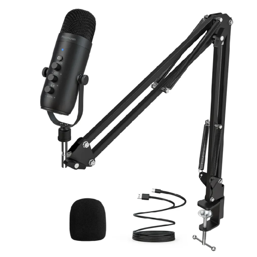 Professionel podcastmikrofon med arm og bordbase 3 led Plug and Play USB skumvindbeskyttelse