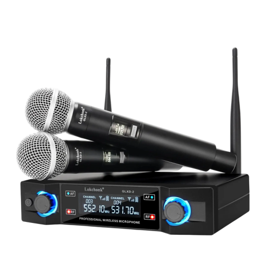 Professionel trådløs karaoke mikrofon system 2 mikrofoner 24x5 cm modtager 20,6x15,6x4,2 cm rækkevidde 50 m XLR 6,35 mm kabel adapter