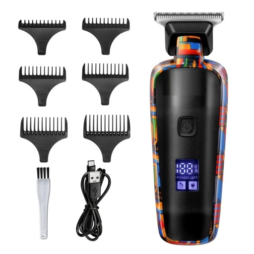 Professioneller elektrischer Haar- und Bartschneider mit Digitalanzeige. Haar- und Bartschneider mit sechs austauschbaren Aufsätzen unterschiedlicher Größe mit Batterieladeanzeige