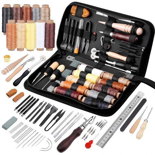 Professionelles Lederreparatur- und Nähset, 46-teilig, Nadeln, Fäden, Ahle, Lineal, Locher, Lederwerkzeuge, Werkzeugtasche