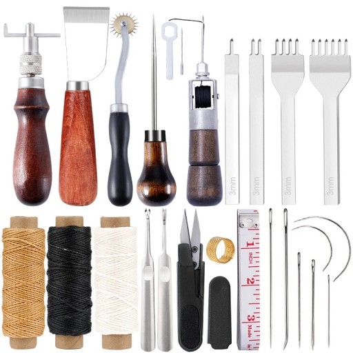 Professionelles Lederreparatur- und Nähset Lineal Locher Messer Mahagoni Hefter Fäden Ledernadel Gravierrad Ring