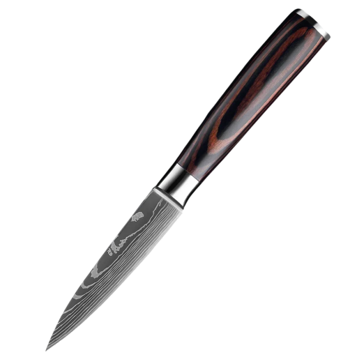 Professzionális Santoku konyhakés 20 cm rozsdamentes acélból. Éles kés gyümölcsökhöz és zöldségekhez, ergonomikus fa nyéllel a konyhába.