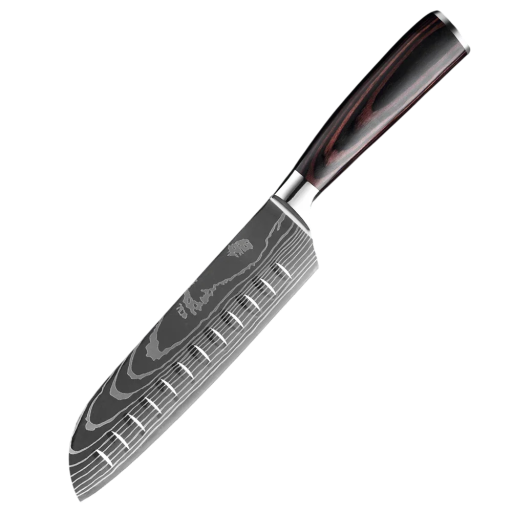 Professzionális Santoku konyhakés 29 cm rozsdamentes acélból. Éles szakácskés fa nyéllel zöldségekhez, gyümölcsökhöz és húsokhoz minden konyhába.