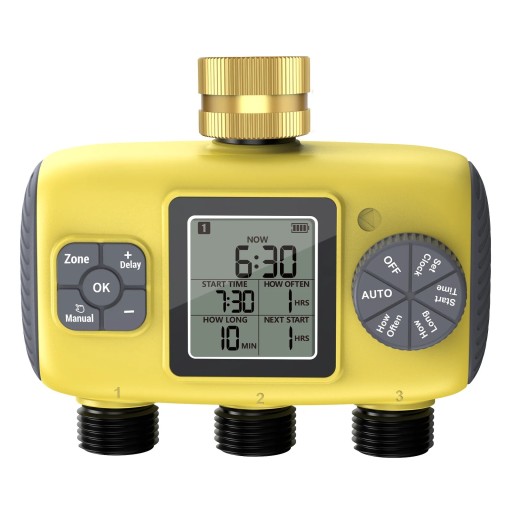 Programmierbarer Gartenbewässerungs-Timer mit 3 Zonen, LCD-Display, Messinganschluss, IP55, für 3/4 Zoll Wasserhahn, gelb-schwarz