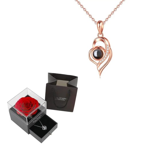 Projection Necklace Set I Love You in 100 Languages Copper Pendant Titanium Chain Gift Box with Rose Romantic Gift