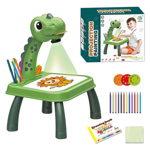 Projekční kreslicí stolek pro děti s motivem dinosaura, hudbou a omyvatelnou deskou, 31,5 x 24,5 x 37 cm, zelený, pro výtvarnou výchovu
