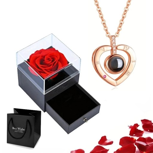Projektionshalsbandset med projektion Jag älskar dig på 100 språk Rose Box Titanium Kedja Kopparhänge Hjärta