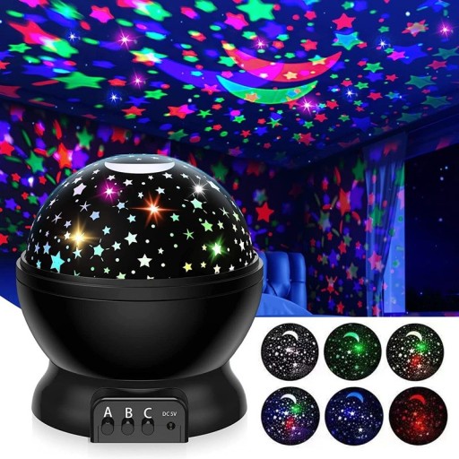 Projektor LED gwiazdek i galaktyki z ruchomym obrazem, 14 x 12,5 cm, zasilanie USB lub na baterie AA, nocna lampka do pokoju dziecięcego