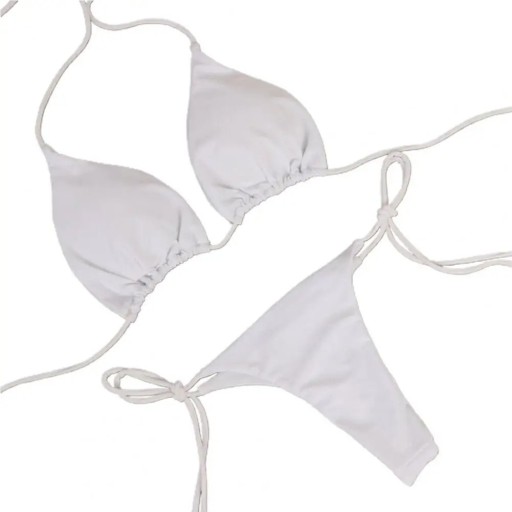 Prosty trójkątny bikini dla kobiet z wiązaniem z tyłu szyi i po bokach. Minimalistyczny krój. Strój kąpielowy na lato i wakacje.
