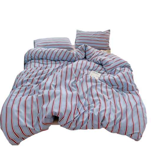 Pruhált ágynem szett 4 db piros-kék takaróhuzat 200 x 230 cm + lepedő + 2 db párnahuzat