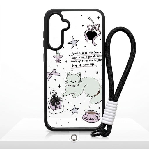 Průhledný kryt s poutkem na zápěstí Samsung Galaxy A05 Odolný Motiv kočky s mašlemi a šálkem Černé hrany Ochrana fotoaparátu Obal