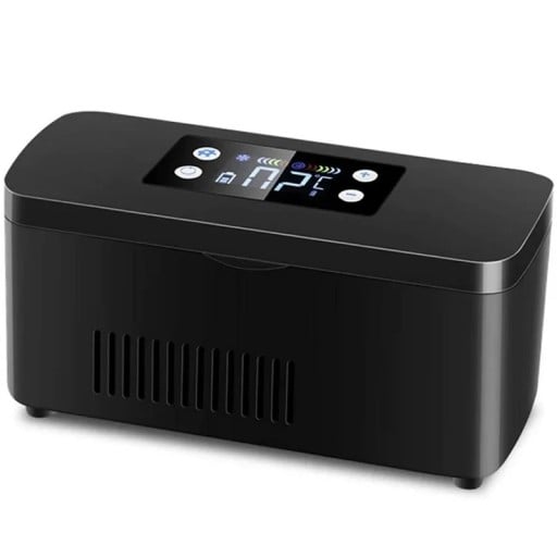 Przenośna lodówka na leki Wyświetlacz i ustawienie temperatury Wnętrze 17,8 x 5,3 x 2,5 cm Zasilanie 220 V USB i powerbank Czarna Na podróż