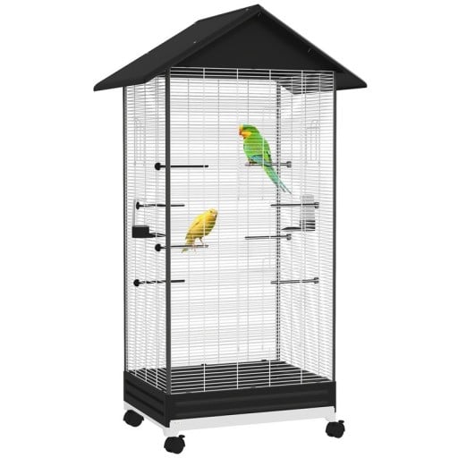 Ptačí klec na kolečkách velká 79 x 65 x 155 cm ocelová 8 bidýlek a 2 krmítka rozteč mřížek 1,1 cm výsuvný podnos pro chov ptáků