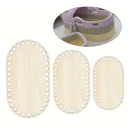 Puinen soikea pohja virkattaville koreille 3 kpl Erilaisia kokoja 30x20 25x15 15x10 cm Paksuus 2 mm Aukot 6 mm Käsityö