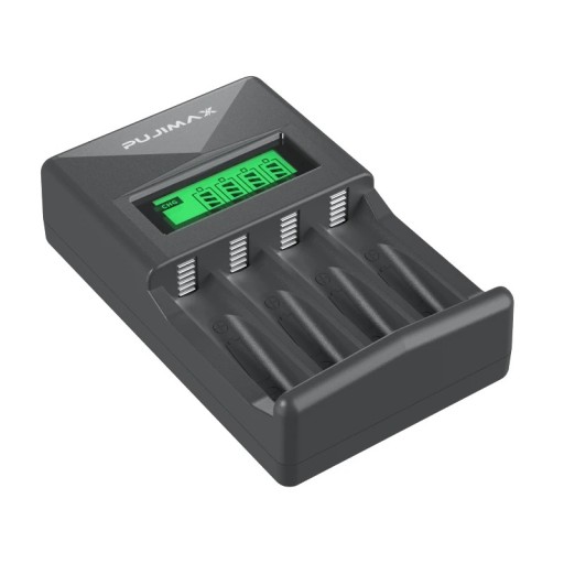 PUJIAMX AA AAA-batterijlader met LCD-007-scherm, USB-C-ingang, draagbare adapter, snellaadkabel voor oplaadbare Ni-MH Ni-Cd-cellen