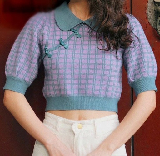 Pull court à carreaux pour femmes avec col