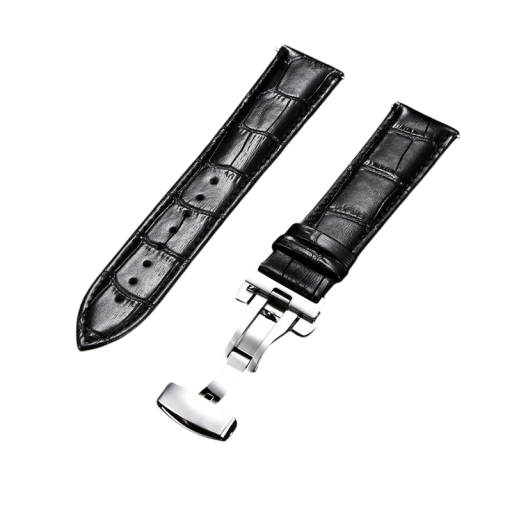 Pulseira de couro genuíno de 20 mm em couro de vitela com fecho borboleta em aço inoxidável Conjunto com ferramenta e barras de mola