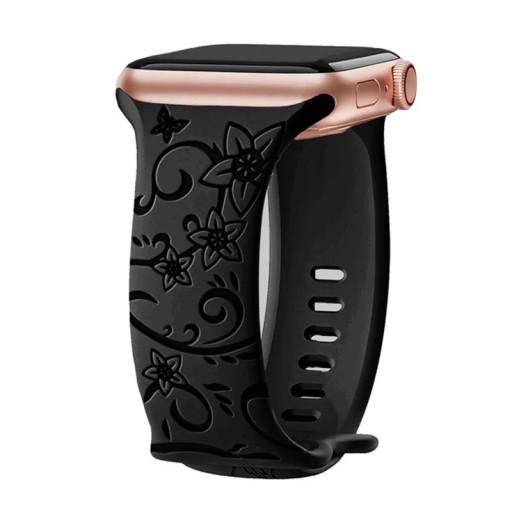 Pulseira gravada com flores 42 44 45 46 49 mm para Apple Watch Series 1–10 SE SE2 Pulseira de silicone com borboletas e flores Design