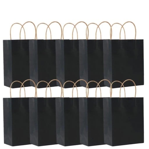 Pungi de hârtie pentru cadouri 10 buc 15 × 8 × 21 cm pungi negre cu mâner de hârtie pentru ambalarea cadourilor, petreceri și ambalarea cadourilor