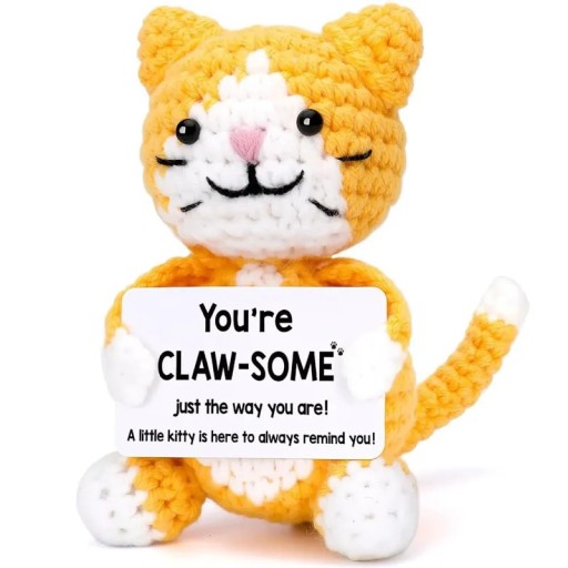 Pupazzo decorativo all'uncinetto a forma di gatto Figura in tessuto lavorata a mano con frase motivazionale Decorazione per la casa carina