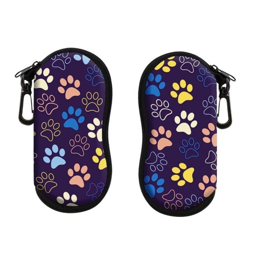 Purple Glasses Case 17.9 x 8.5 cm with Colourful Paw Print Pattern Zip with Carabiner Travel Protection and Stylish Storage
