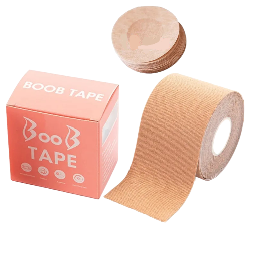 Push-up brysttape i nude farve. Løftetape 5 m x 5 cm og 10 stk. brystvorteklistermærker.