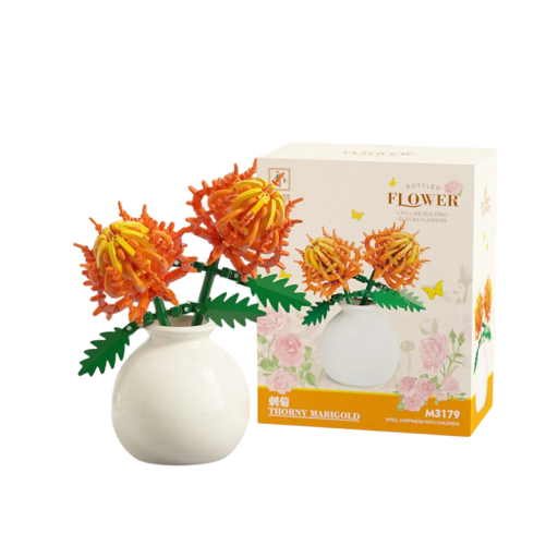 Puzzlă floare Crizantemă portocalie în vază albă Model decorativ din piese de plastic de construcție Ornament modern pentru interior