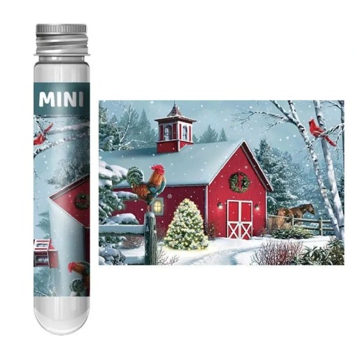 Puzzle 150 piezas en tubo de ensayo 15 x 10 cm Granero navideño Paisaje invernal Ilustración navideña Rompecabezas educativo Juguete relajante para toda la familia