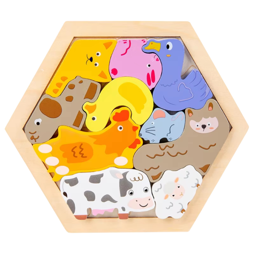 Puzzle 3D en bois animaux de la ferme 18,5 x 16,5 cm Jouet éducatif pour enfants Puzzle coloré Développement de la logique Motricité Découverte des animaux