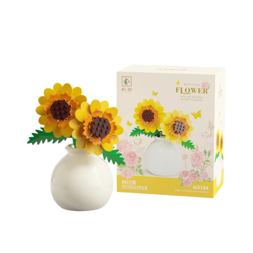 Puzzle floare Floarea-soarelui în vază albă Model decorativ din piese de plastic pentru construcții Ornament floral elegant de vară