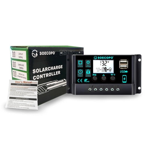 PWM Solar Charge Controller 100 A 12 V and 24 V Automatic Detection LCD 2.4 Inches Two USB for AGM, Gel, and LiFePO4 Black for Caravan