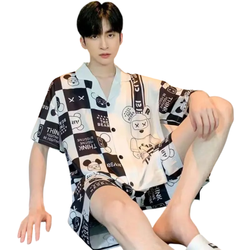 Pyjama pour homme T-shirt à manches courtes et shorts Fermeture à boutons avec col Soie de polyester Blanc avec impression noire