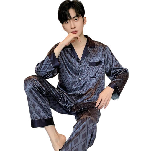 Pyjama pour hommes bleu foncé avec des ornements, manches longues et pantalon avec col, fermeture à boutons, poche, polyester