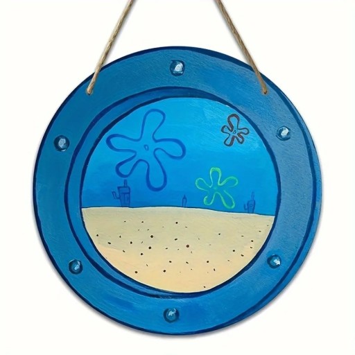 Quadro da parete in legno con cornice rotonda 20 cm decorazione appesa 2D blu con motivo di paesaggio sottomarino per parete d'interni