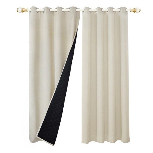 Quilted 100% Blackout Curtains Insulated Noise-Reducing Window Curtains Winter Heavy Curtains with Ring Top Double-Layer Insulating Curtain 132 x 160 cm