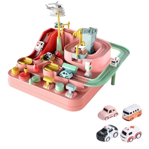 Racing Rails voor kinderen Interactief mechanisch autobaan-avonturenspel zonder batterijen, inclusief 4 willekeurige minivoertuigen