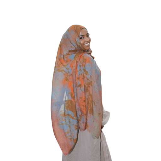 Ramadan Hijab med akvarelmønster 80x180 cm i polyester i orange og blå farve til hverdags- og festbrug