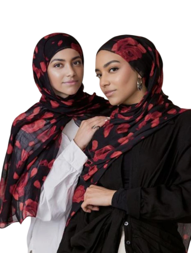 Ramadan hijab med blomsterdesign 80x180 cm i polyester i sort og rød farve til festligt og dagligt brug