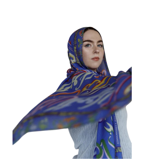 Ramadan hijab med ornamentalt mønster 80x180 cm i polyester i blå farve til hverdag og festlige lejligheder