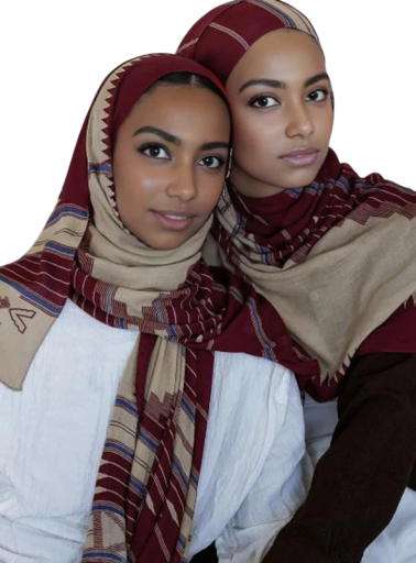 Ramadan hijab med stribet mønster 80x180 cm i polyester i beige og vinrød farve til hverdags- og festbrug
