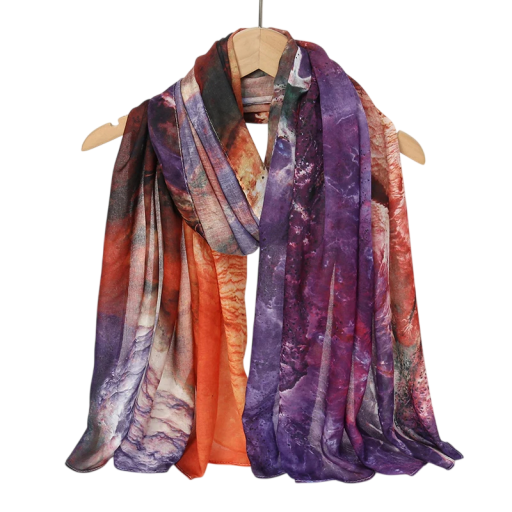 Ramadan Hijab met Abstract Marmerpatroon 80x180 cm Polyester Sjaal in Paars en Oranje