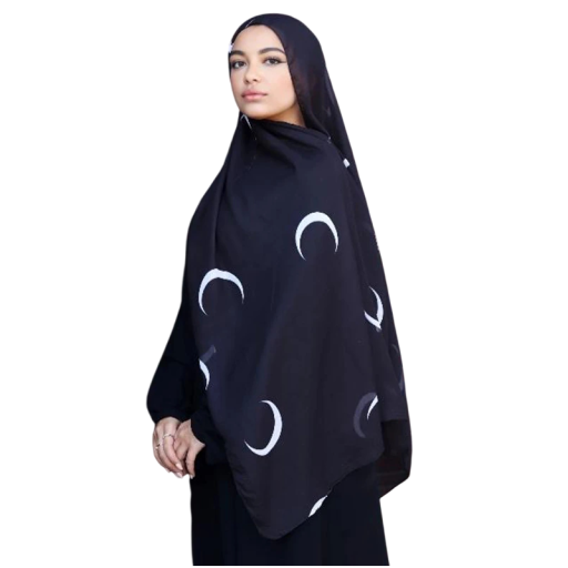 Ramadanowy hidżab z motywem półksiężyca 80x180 cm z poliestru w czarnym kolorze do codziennego i uroczystego noszenia