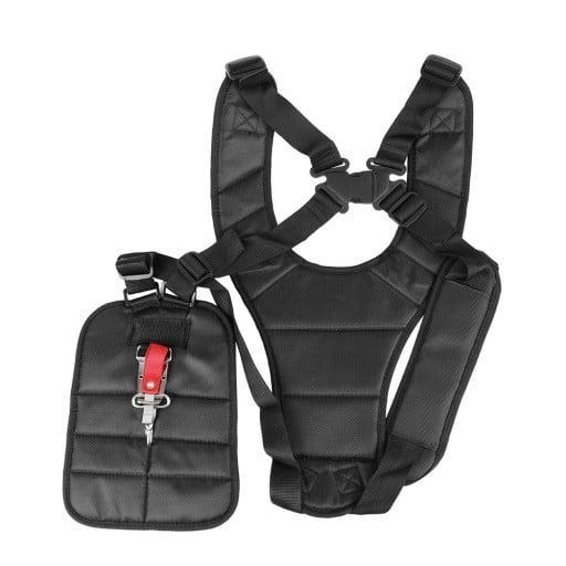 Ramenní postroj na sekání trávy nastavitelné popruhy 55 x 32 cm bederní podložka 29 x 21 cm nylon černý pro křovinořez a vyžínač
