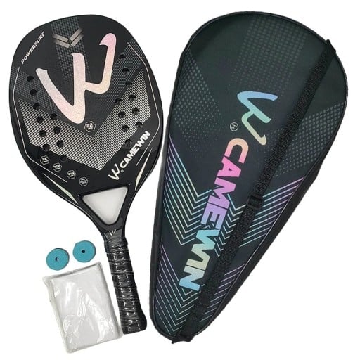Raquete de ténis de praia Camewn 3K fibra de carbono Superfície rugosa Espessura 22 mm Núcleo em espuma EVA Com bolsa e faixas antideslizantes Para beach tennis