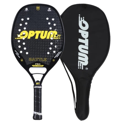 Raquette de beach tennis Optum Battle Pro Surface rugueuse Longueur 50 cm Épaisseur 20 mm Fibre de carbone 12K Noyau en mousse EVA Noir Pour beach tennis