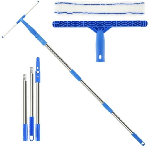 Raspador de janelas 3 em 1 com vara telescópica de 135 cm T-quadro 38 × 17 cm azul para limpeza de vidros de casas de banho e chuveiros