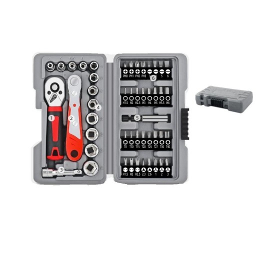 Ratschen- und Bit-Set Apollo 48 Stück 1/4" (6,35 mm) mit Schnellverschluss aus Chrom-Vanadium-Stahl grau-rot für Autoreparaturen