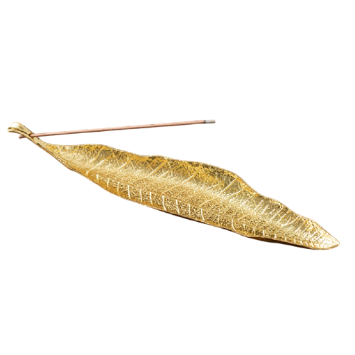 Räuchergefäß langer Blatt 21 cm Goldfarbe Metallhalter für Räucherstäbchen Dekorativer Ständer für Aromatherapie und Entspannung